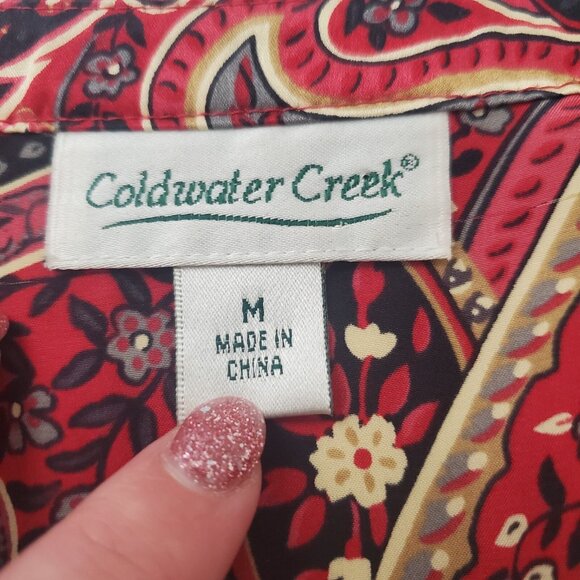 Coldwater Creek Womens 100% Silk Red Paisley Blouse Size M Smocked Old Money - Picture 3 of 8